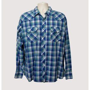 Wrangler Western Snap Shirt XL Blue Green White Plaid Long Sleeve Cotton Blend